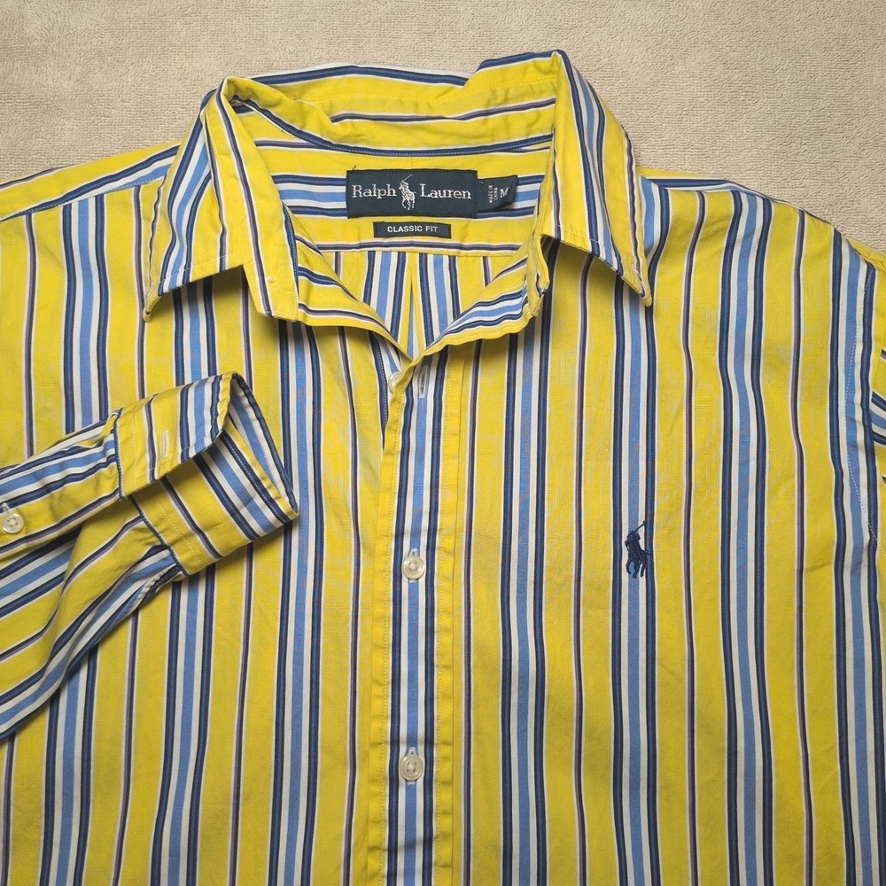 Polo Ralph Lauren Classic Fit Button Down Long Sleeve Shirt Mens M Ylw/Bl Stripe